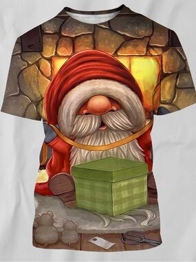 Christmas Gnome Graphic T-Shirt - Cozy Winter Hearth Scene - Large